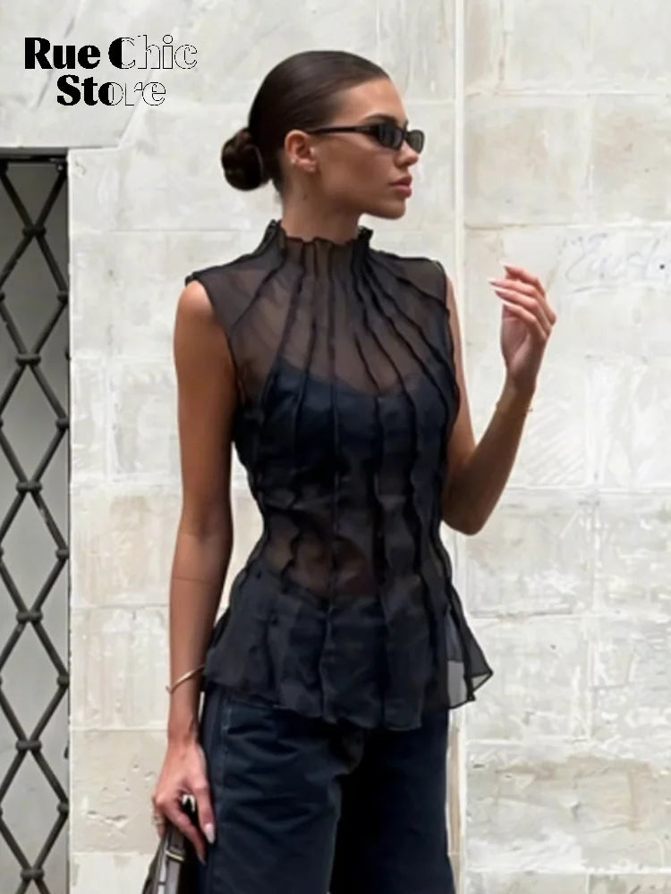 Solid Pleated Satin Sleeveless Blouse Women Chic High Neck Ruched
