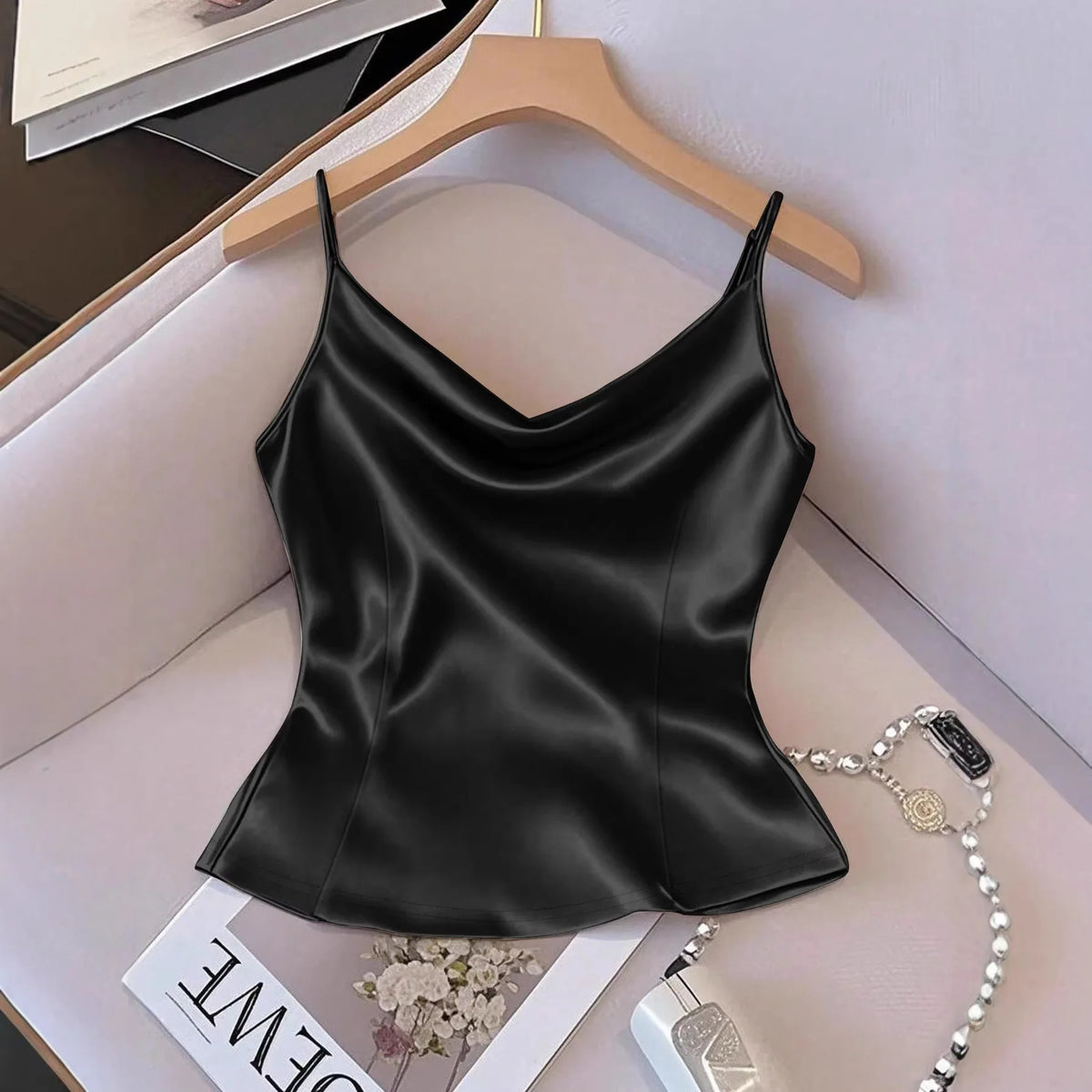 Basic Satin Tank Tops 2026 Summer Women Strap V Neck Basic Slim Waist