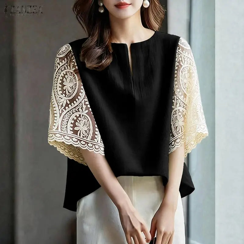 2026 Summer Lace Patchwork Blouse ZANZEA Women Elegant 3/4 Sleeve Work
