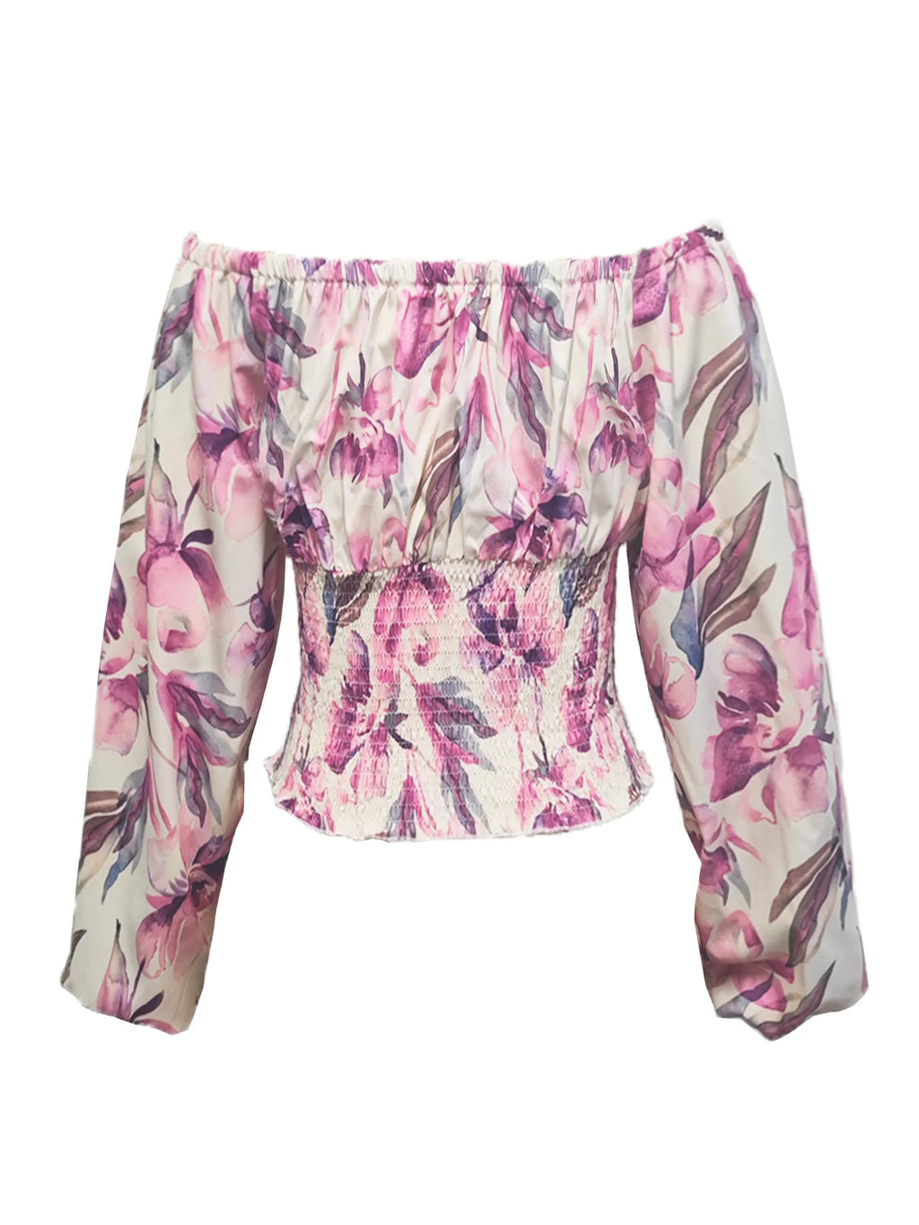 Women Clothes Floral Print Off Shoulder Puff Long Sleeve Smocked