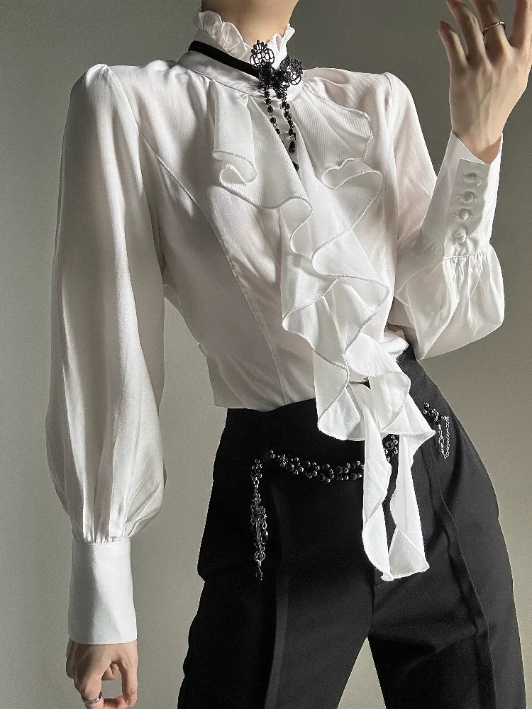 Harajuku Vintage Women Bottoming Shirt Stand Collar Ruffles Slim Fit