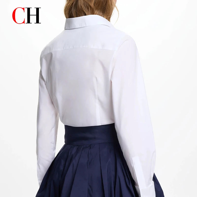 CH Letter Embroidered Solid Color Long Sleeve Shirt Women Point Collar