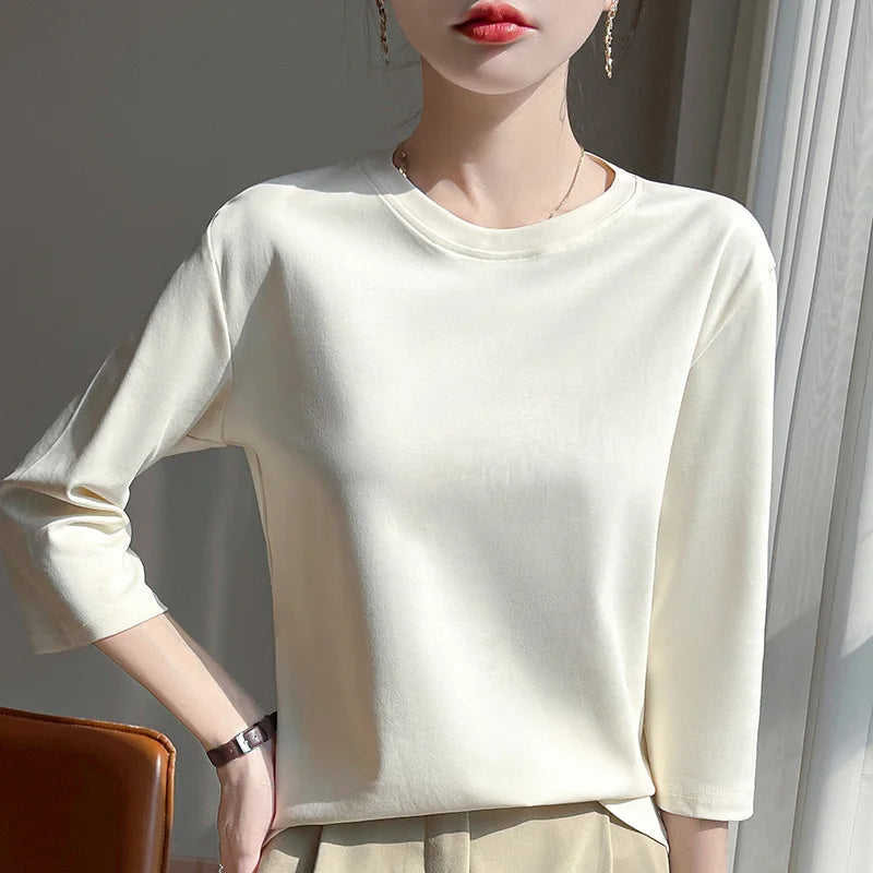 Summer Cotton Short-Sleeved T-Shirt Women's Round Neck Seven-Point