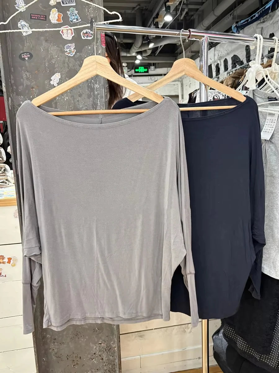 Long Batwing Sleeve T-shirts Woman Sexy Slash Neck Cotton Tee Shirts