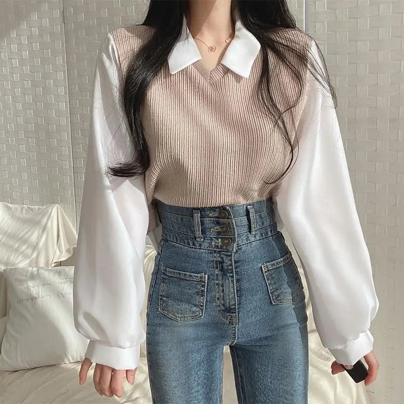 False Two-piece Polo Collar Women's Blouse Spring Casual Korean Shirt