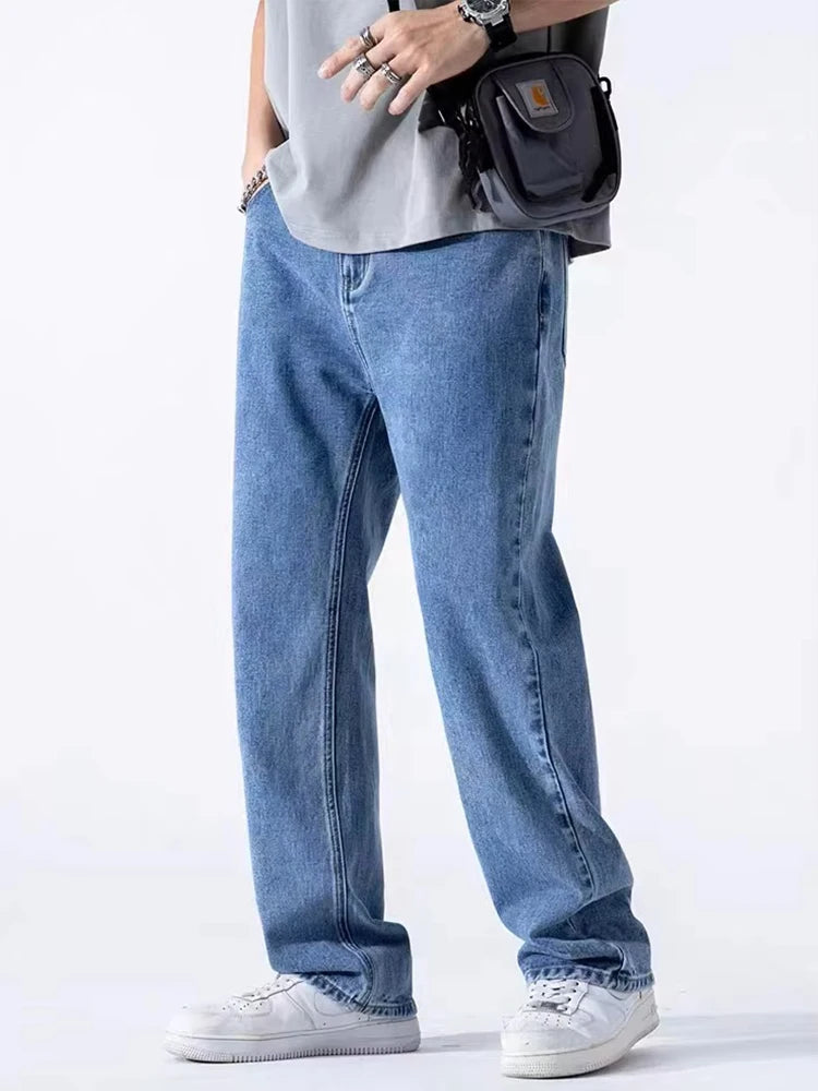 Men's Straight Jeans Korean Fashion Elastic Banded Wide Leg Blue Denim