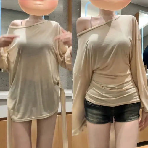 Sexy Thin See Through Long sleeve Oversize T shirt Women Bandage Off