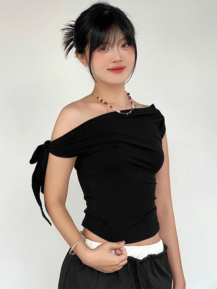 2025 Women'S Summer Ins Style New Shrink Pleated One-Shoulder Crop Top