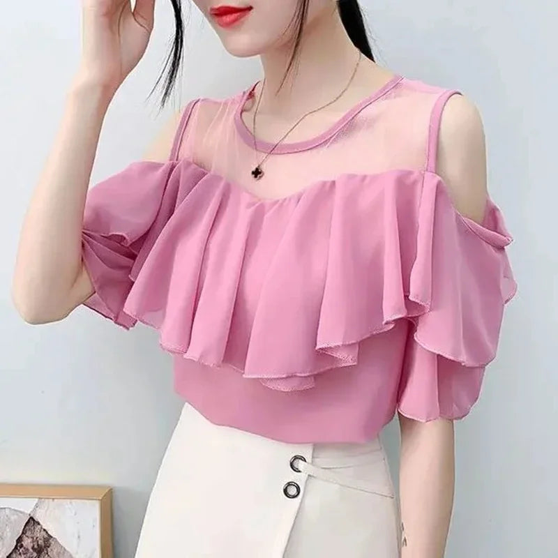 Off Shoulder Sexy Chiffon Blouses Women 2025 Summer Korean Fashion