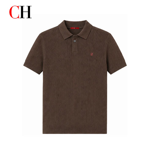 CH Men Luxury Vertical Ribbed Knit Polo Shirt Red Mini Embroidery Left