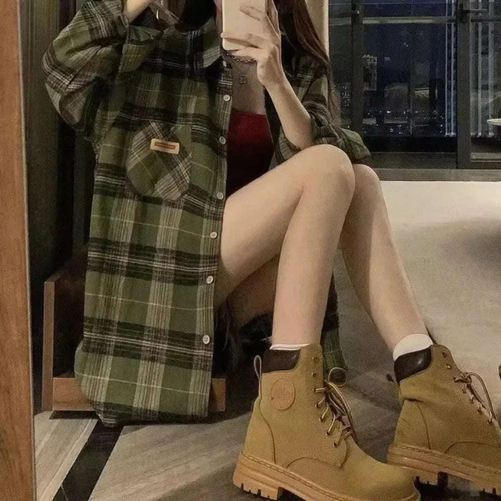 Vintage Dark Green Plaid Shirt Women Long Sleeve Oversized American