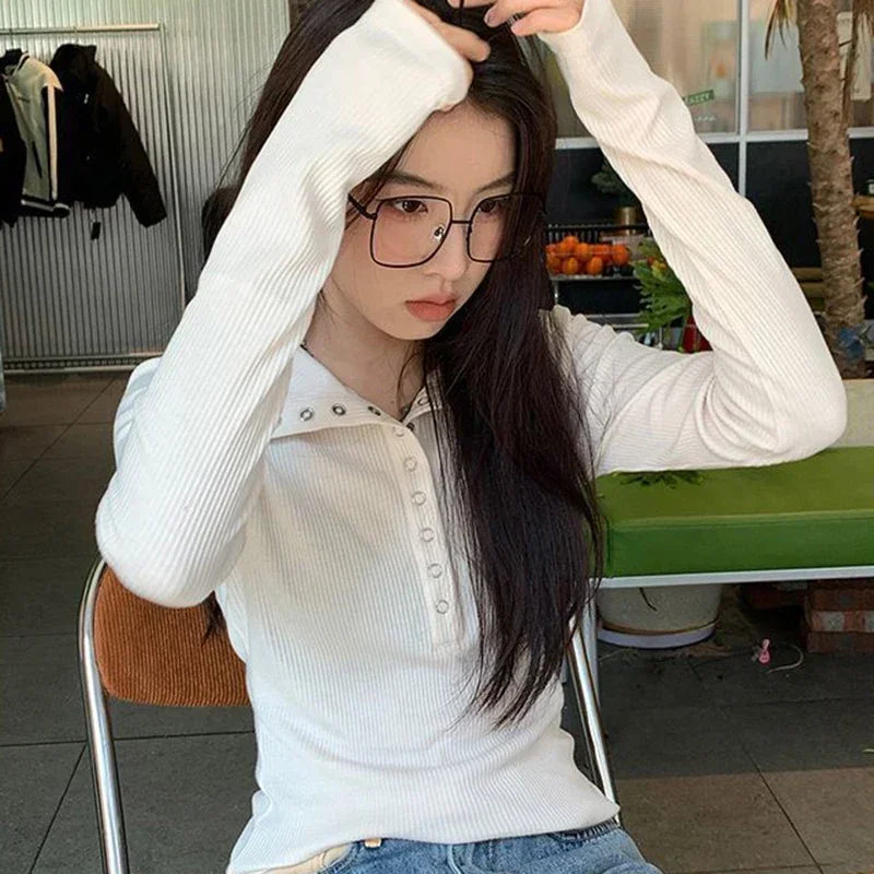 Y2K High Street Women Sweaters New Gray White Button Up Bottoming