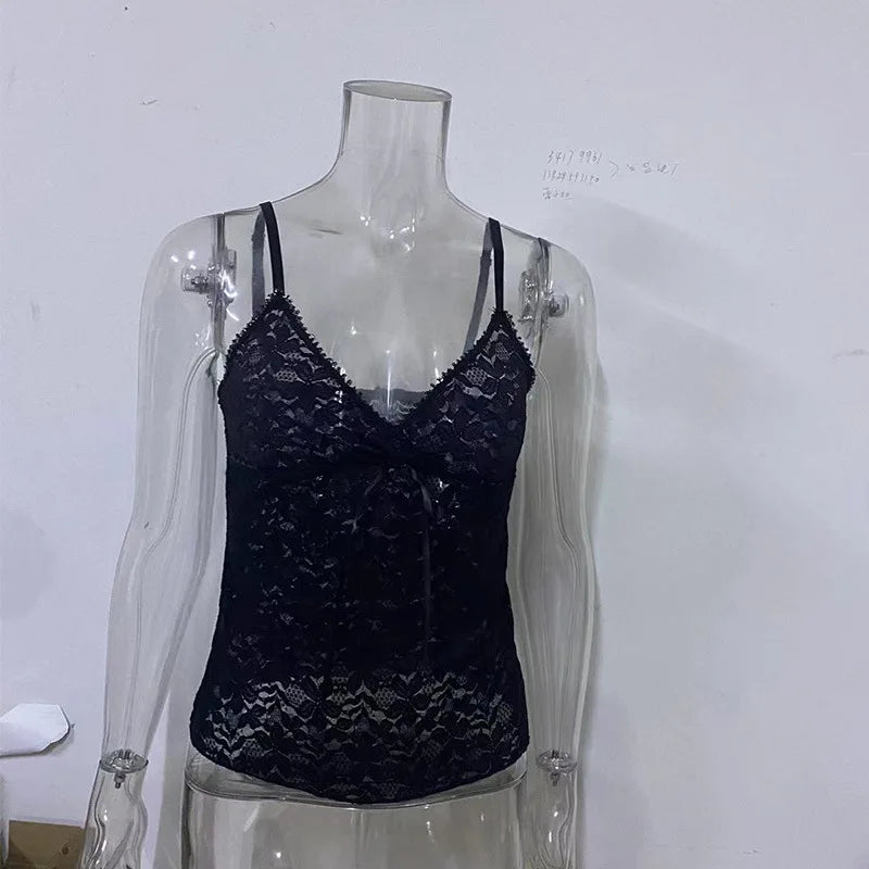 Black See Through Lace Cami Crop Tops Women Summer Y2K Clothes