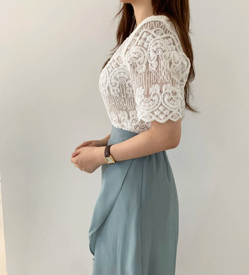 Sheer Embroidery Lace Blouse Cover Up Top Short Sleeve Button Front