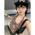 Genayooa Vintage Mesh Tops Women Sleeveless Plaid Print Tank Tops Y2k