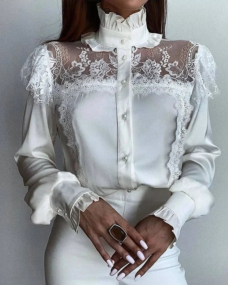 Women Lace Solid Color Casual Shirt White High Collar Mesh Lace