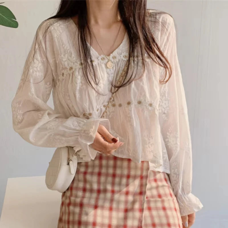 Women Fashion V-neck White Women Blouse Spring Flower Loose Hollow