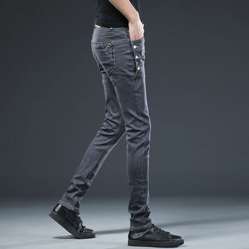 New Men's Multi-button Skinny Jeans Gray Black Stretch Straight