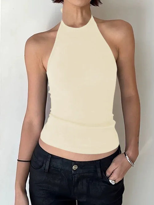 Dulzura Women'S Solid Sexy Backless Lace Up Slim Halter Tank Top