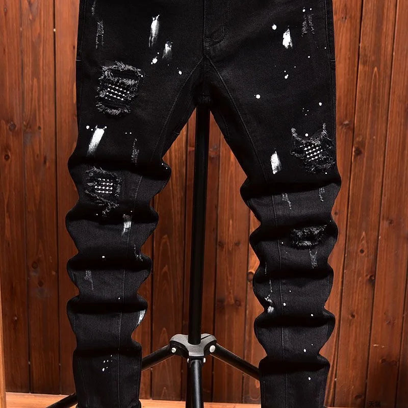 2024 Spring and Autumn New Fashion Trend Retro Ripped Black Stretch