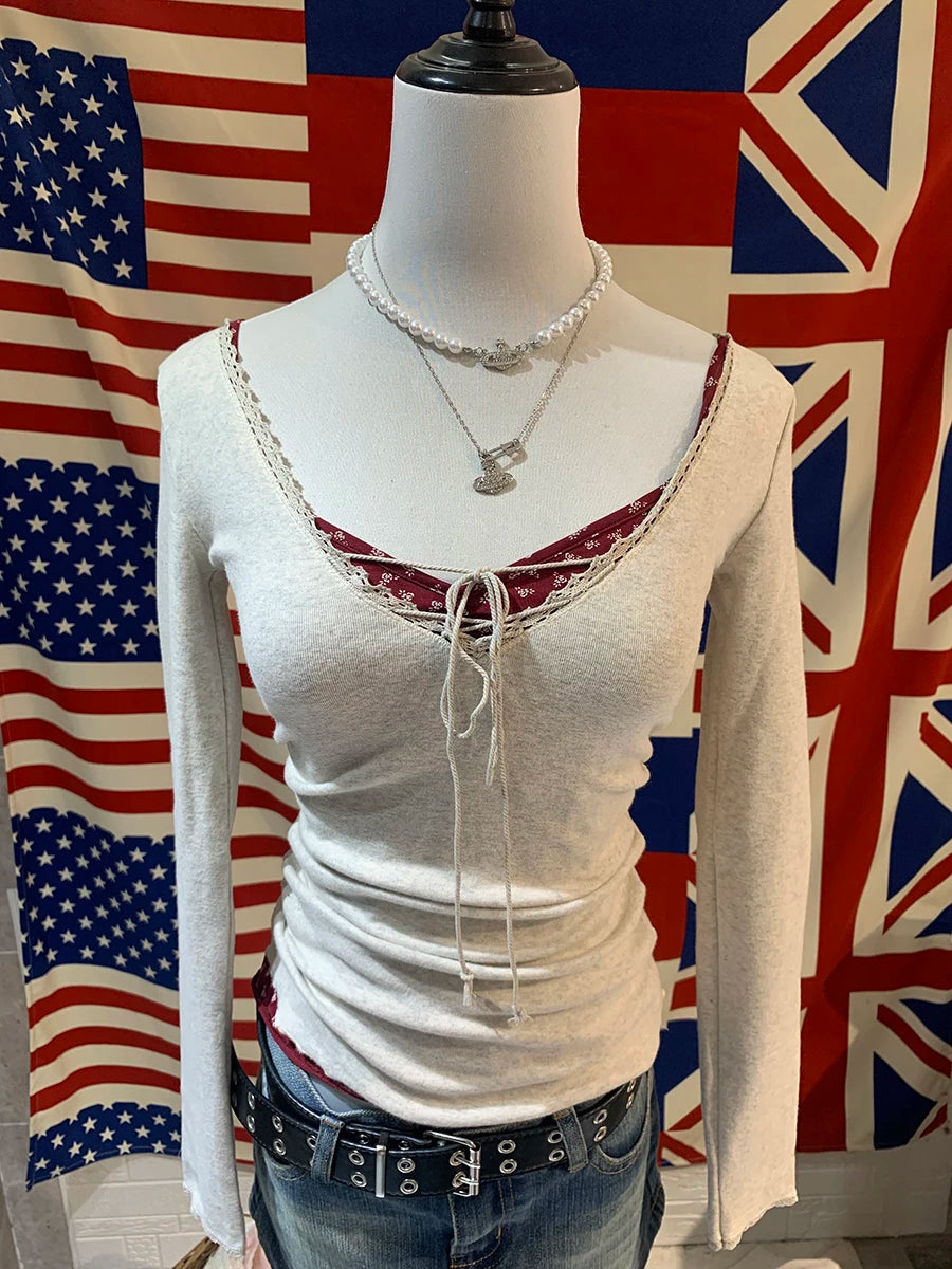 Bandage Lace Trim Long Sleeve T-shirt Autumn Sexy V-neck Cotton Slim