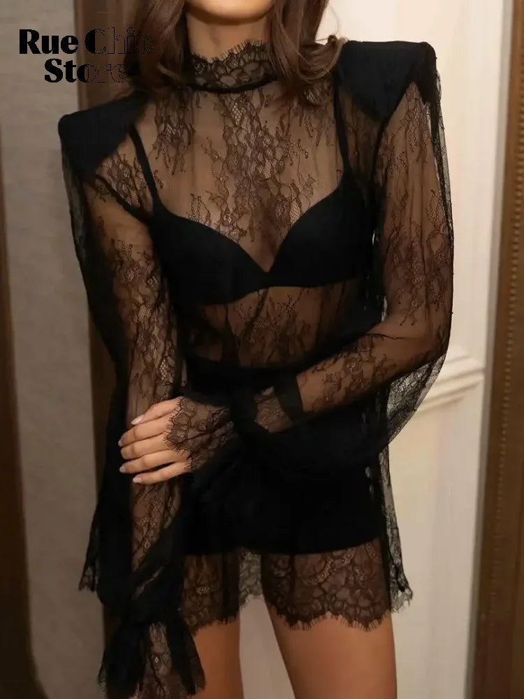Chic Black Lace See Through Lady Fashion Top Half-high Collar Full