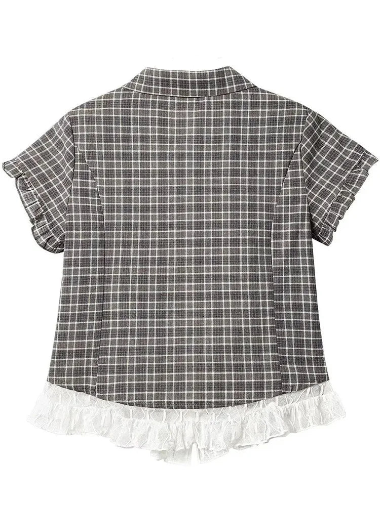 Lace Patchwork Plaid Shirt Women Summer Sweet Short Sleeve Vintage