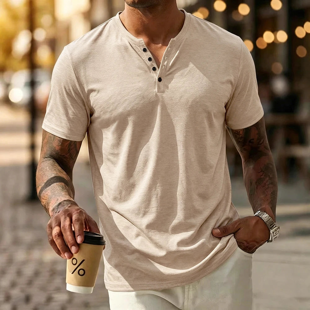 Men's Short Sleeve Henley Shirt Cotton Breathable Solid Color T-shirt