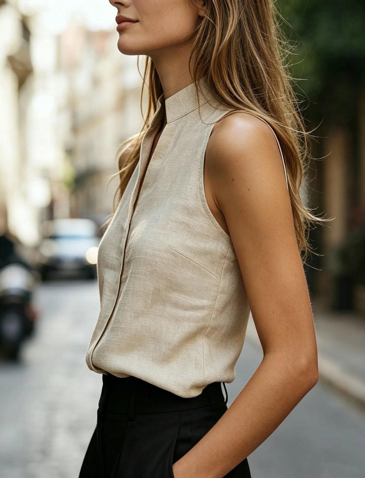 Women Sleeveless Halter Neck Button Down Blouse Linen Blend Stand