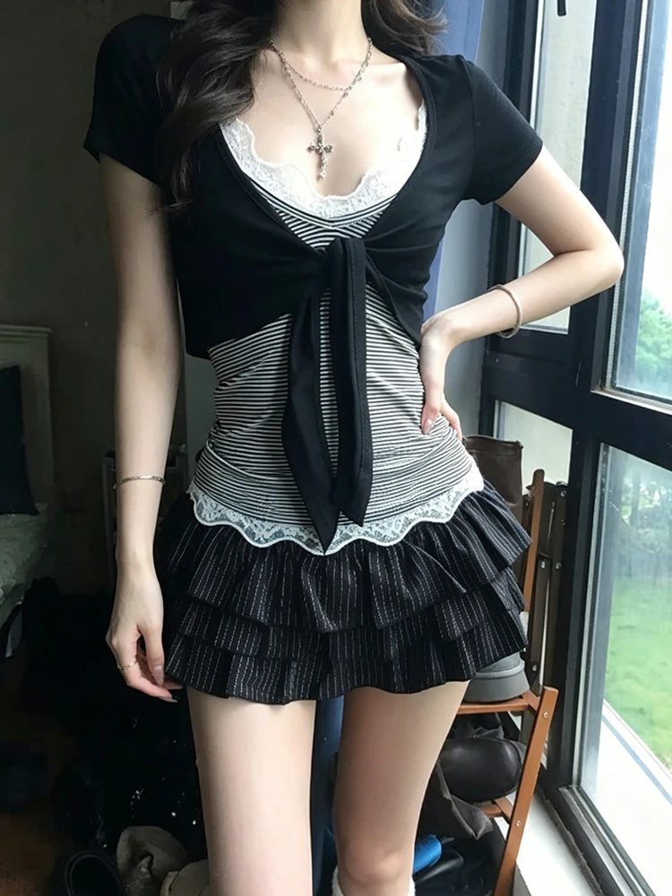 Genayooa Japanese Y2k Two Pieces Tops Women Short Sleeve Slim Lace Up
