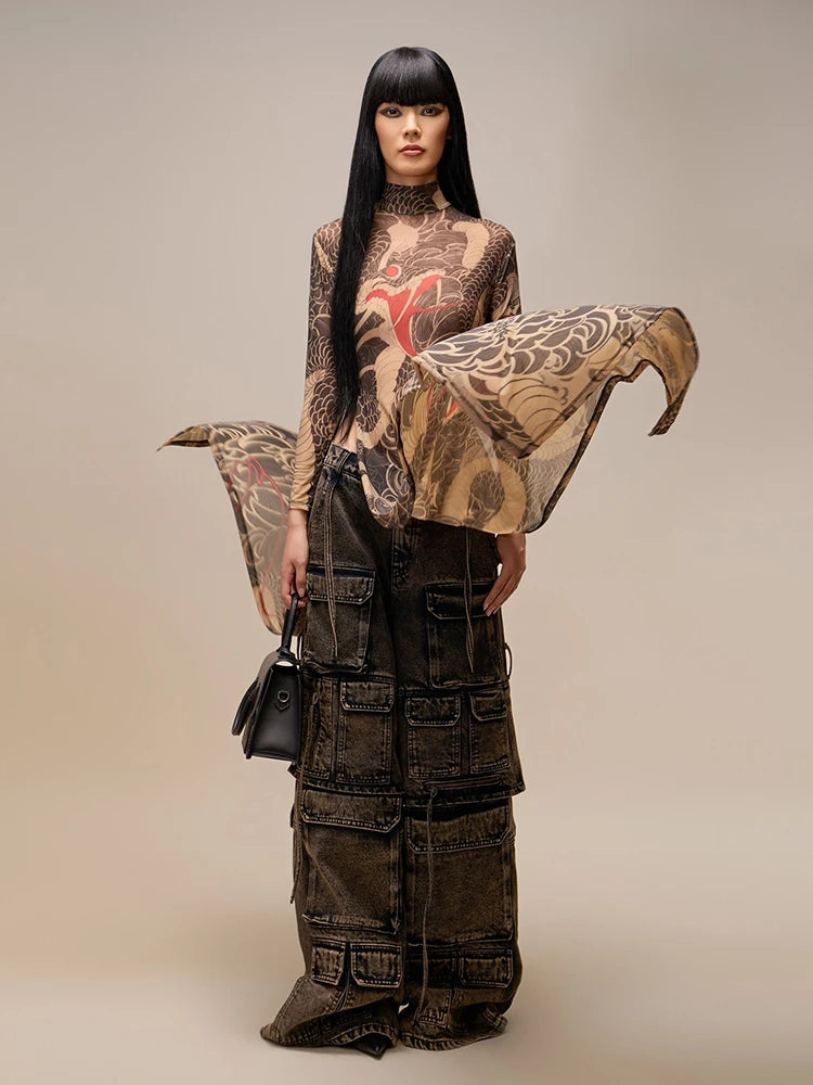Nibber See Through Blouse Women Snake Print Half-High Neck Long