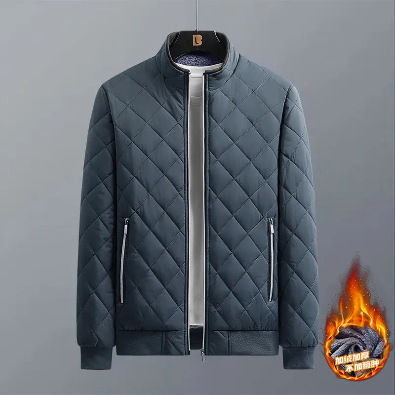 Autumn Winter Bomber Jacket Men Diamond Pattern Fleece Lined Casual