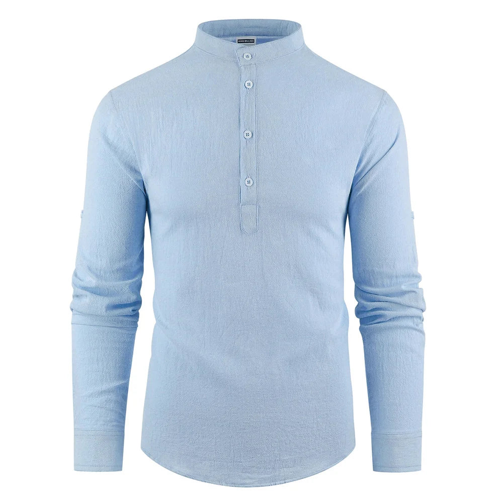 Spring Summer New Men's Long Sleeve Henley Neck Male Polo Shirt Cotton