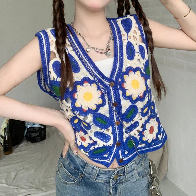 Floral Crochet Vest Top for Women Sleeveless Button Down Open-knit