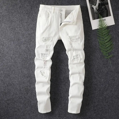 2024 spring and summer hot selling men's white distressed hot drilling
