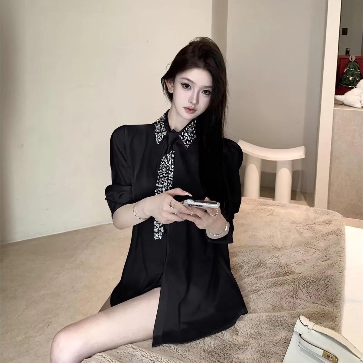 2025 Women's White Shirt New Spring Autumn Crystal Beading With