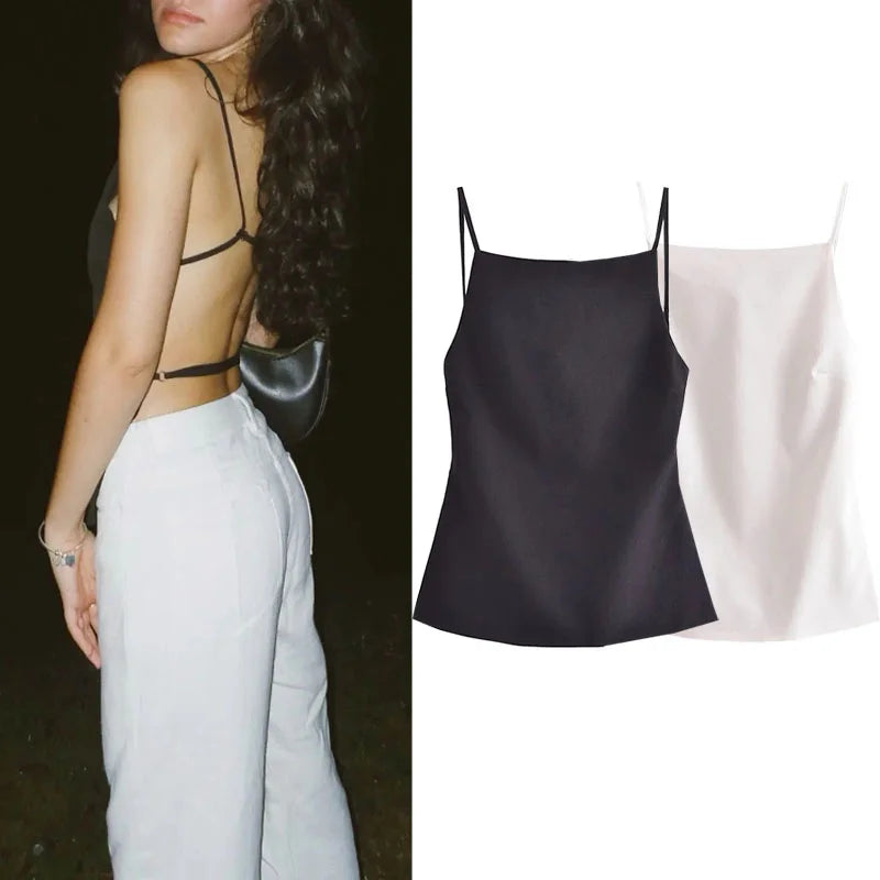 MUJER 2025 Black Backless Top Female White Sleeveless Crop Top With