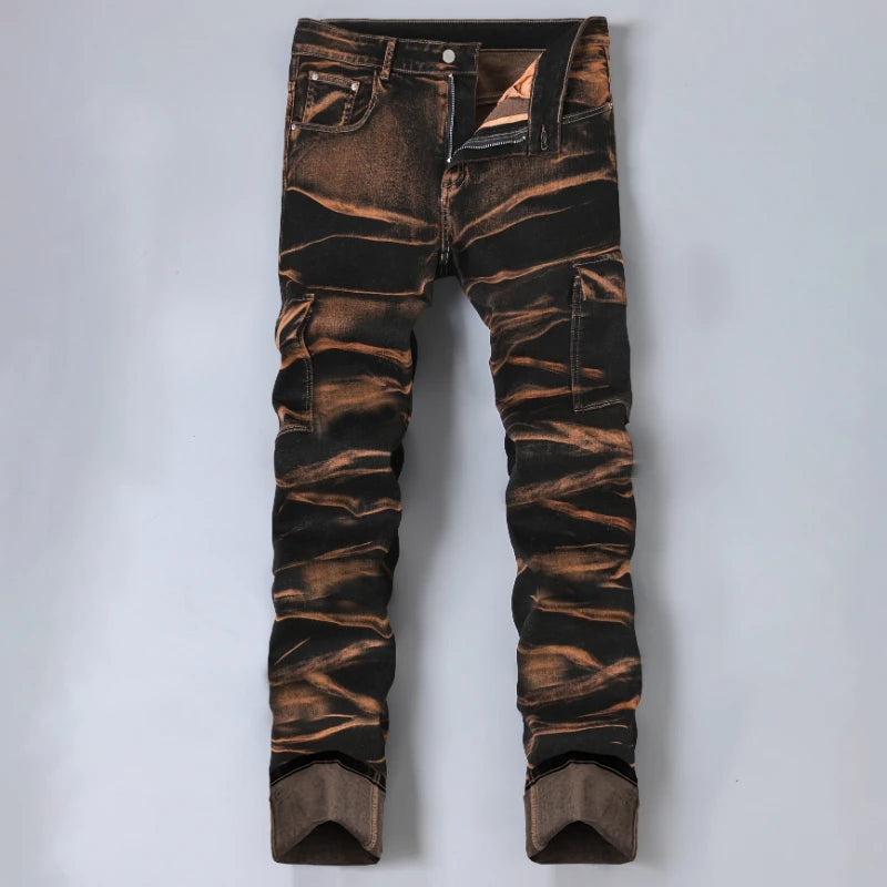 Spring Autumn Wine Red Slim-fit Jeans Mens Vintage Fashionable Elastic