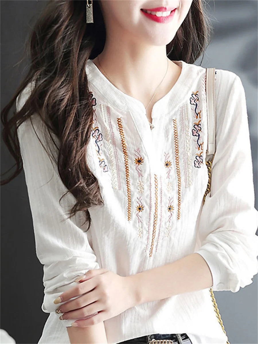 Women Spring Autumn White Blouses Tops Lady Casual Embroidery V-Neck