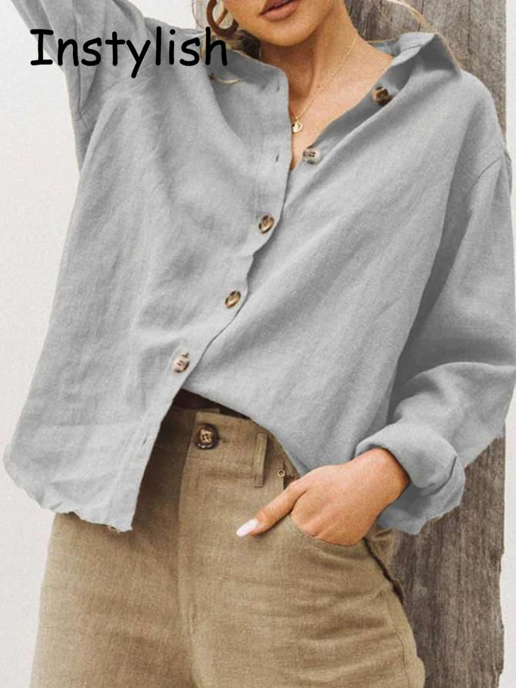 Women Vintage Harajuku Button Up Shirt Casual Long Sleeve Solid Cotton