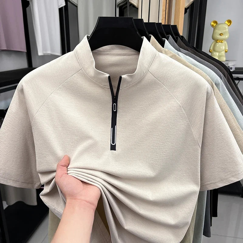 Men's Half Zip Short Sleeve T Shirt Stand Collar Breathable Fabric