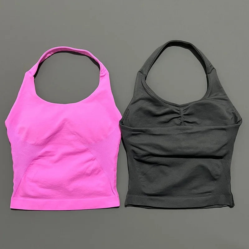 HISTELLO Impact Halter Top Seamless Longline Strappy Gym Tank Top