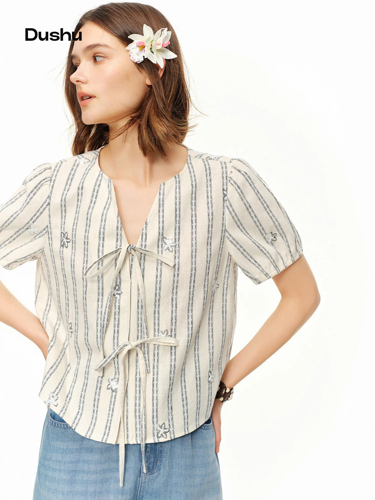 DUSHU 2026 New Summer Women's Striped V-Neck Short Sleeve Blouse,