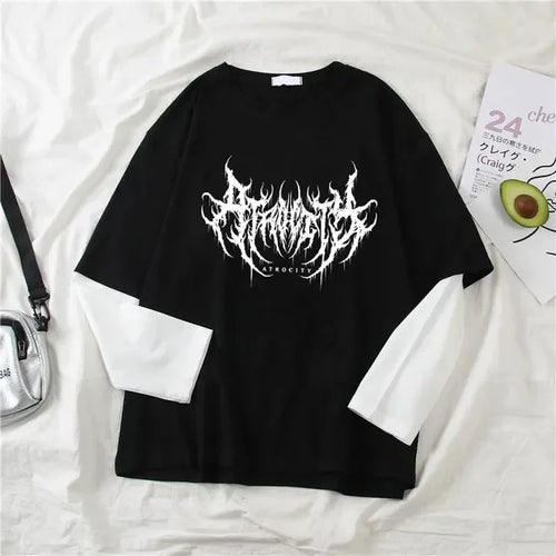 Women Atrocity Print Graphic Fake Two Long Sleeved T-shirts Fashion