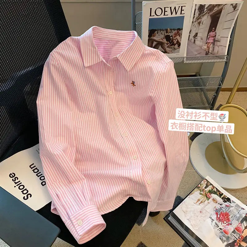 Striped Polo Neck Button Shirt Tops Long Sleeve Loose All-match High