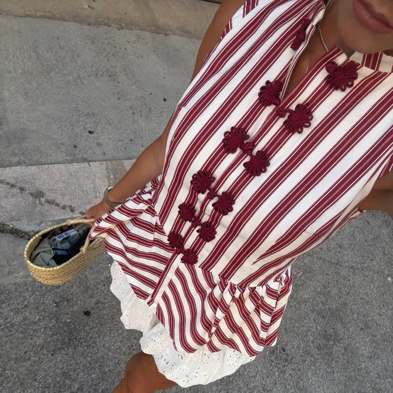 Women Chic Striped Stand Collar Blouse Summer Bowknot Sleeveless Shirt