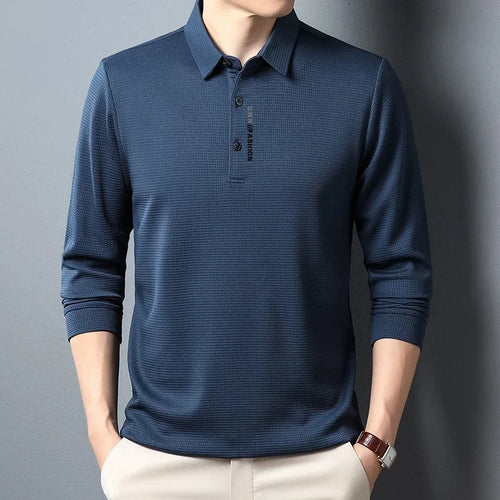 Men's Waffle Long Sleeved POLO Shirt with Letter Printed Lapel Casual
