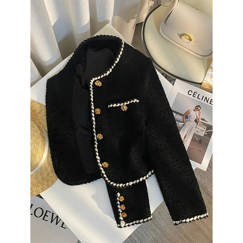 MEXZT Vintage Tweed Jacket Women Elegant Cropped Quilted Coat Commute