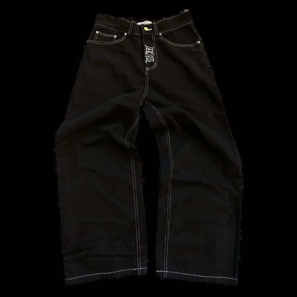 Retro Skull Embroidery Y2K Jeans Mens Hip Hop Washed Baggy Denim Pants