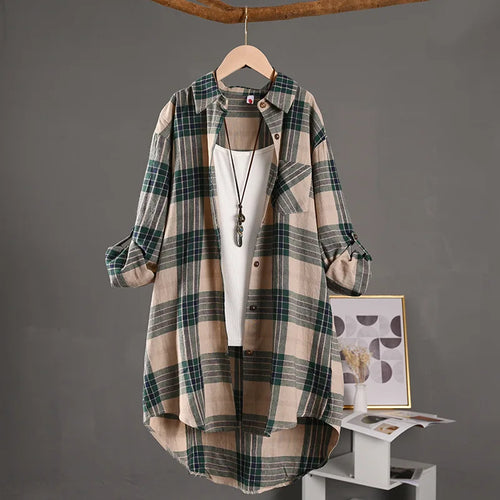 Spring/Summer 2025 Stylish Women's Button-up Shirt with Plaid Pattern,